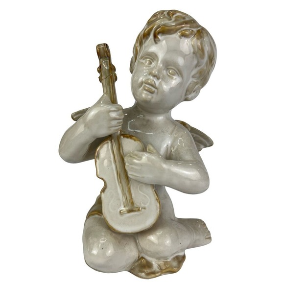 Vintage Cherub Angel Playing The Violin Baroque-style Off White w Brownish Gold - Picture 1 of 8